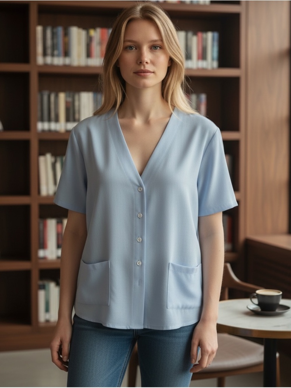 Light Blue V-Neck Button Front Women’s Top